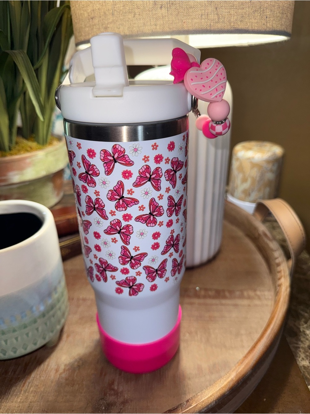 Kids Pink Butterfly Travel Tumbler with Heart Charm